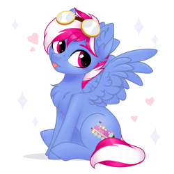 Size: 4000x4000 | Tagged: safe, artist:skairsy, oc, oc only, oc:steam loco, pegasus, pony, commission, cute, cutie mark, goggles, heart, male, pegasus oc, simple background, sitting, solo, spread wings, tongue out, wings, ych result