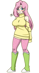 Size: 975x1818 | Tagged: safe, artist:_mssj9, derpibooru exclusive, fluttershy, butterfly, human, g4, big breasts, blushing, boots, breasts, busty fluttershy, clothes, eye clipping through hair, eyebrows, eyebrows visible through hair, humanized, long hair, long sleeves, long socks, looking away, makeup, shoes, socks, solo, stockings, sweater, sweatershy, thigh highs, turtleneck
