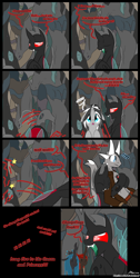 Size: 2109x4177 | Tagged: safe, artist:srmario, queen chrysalis, oc, oc:amanita, oc:doctiry, oc:princess amanita, oc:reinflak, alicorn, changeling, changeling queen, dragon, pony, g4, alicorn oc, bust, cave, changeling oc, changeling queen oc, clothes, comic, confused, dragon oc, female, holding a pony, horn, horns, male, mare, red changeling, red eyes, wings