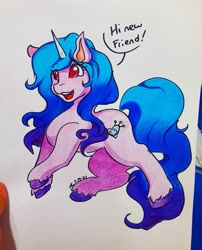 Size: 1653x2048 | Tagged: safe, artist:mscolorsplash, izzy moonbow, pony, unicorn, g5, my little pony: a new generation, female, hi new friend, irl, mare, paper, photo, speech bubble, text, traditional art