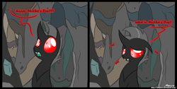 Size: 1680x844 | Tagged: safe, artist:srmario, oc, oc:reinflak, changeling, cave, changeling oc, duo, floppy ears, indoors, looking up, male, red changeling, red eyes, signature, talking