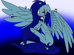 Size: 1923x1425 | Tagged: safe, artist:donnie-moon, oc, oc only, oc:eclipse, pegasus, pony, abstract background, bendy and the ink machine, crossover, eye scar, one eye closed, pegasus oc, scar, sitting, smiling, underhoof, wings, wink