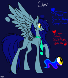 Size: 2046x2356 | Tagged: safe, artist:donnie-moon, oc, oc only, oc:eclipse, pegasus, pony, blue background, female, grin, high res, jewelry, mare, necklace, pegasus oc, raised hoof, reference sheet, simple background, smiling, solo, sombra eyes, wings