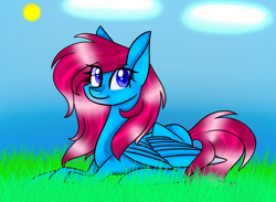 Size: 1753x1286 | Tagged: safe, artist:donnie-moon, oc, oc only, pegasus, pony, eyelashes, female, grass, lying down, mare, outdoors, pegasus oc, prone, smiling, solo