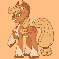 Size: 1024x1024 | Tagged: safe, artist:yourrdazzle, applejack, earth pony, pony, g4, alternate design, orange background, raised hoof, redesign, simple background, solo