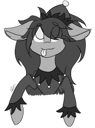 Size: 2751x3699 | Tagged: safe, artist:donnie-moon, oc, oc only, earth pony, pony, :p, bust, clothes, earth pony oc, eye clipping through hair, female, floppy ears, grayscale, high res, mare, monochrome, signature, simple background, solo, tongue out, transparent background