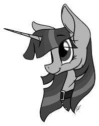 Size: 1107x1407 | Tagged: safe, artist:donnie-moon, twilight sparkle, pony, unicorn, g4, bust, collar, eyelashes, female, grayscale, horn, mare, monochrome, simple background, smiling, solo, transparent background, unicorn twilight