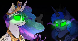 Size: 1024x544 | Tagged: safe, artist:milledpurple, princess celestia, princess luna, twilight sparkle, alicorn, pony, g4, the beginning of the end, black background, bust, deviantart watermark, female, glowing eyes, implied king sombra, jewelry, mare, mind control, obtrusive watermark, peytral, royal sisters, scene interpretation, siblings, signature, simple background, sisters, sombra eyes, tiara, watermark