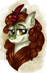 Size: 743x1140 | Tagged: safe, artist:milledpurple, autumn blaze, kirin, g4, bust, eyelashes, female, lidded eyes, signature, simple background, smiling, solo, transparent background