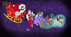 Size: 2000x1040 | Tagged: safe, artist:aonairfaol, oc, oc only, pegasus, pony, :p, base used, christmas, eyelashes, flying, glowing horn, hat, holiday, holly, horn, levitation, magic, pegasus oc, santa hat, self-levitation, sled, telekinesis, tongue out, wings