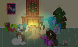 Size: 3536x2144 | Tagged: safe, artist:aonairfaol, oc, oc only, pegasus, pony, base used, christmas, christmas tree, christmas wreath, female, fire, fireplace, high res, holiday, indoors, mare, present, tree, two toned wings, wings, wreath