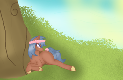 Size: 2948x1914 | Tagged: safe, artist:aonairfaol, oc, oc only, earth pony, pony, colored hooves, earth pony oc, floral head wreath, flower, outdoors, solo, tree