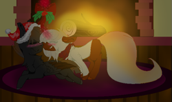 Size: 603x358 | Tagged: safe, artist:aonairfaol, oc, oc only, pegasus, pony, unicorn, blushing, christmas, duo, fireplace, glowing horn, hat, holiday, holly, holly mistaken for mistletoe, horn, indoors, magic, male, pegasus oc, santa hat, stallion, telekinesis, two toned wings, wings
