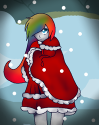 Size: 416x525 | Tagged: safe, artist:aonairfaol, rainbow dash, human, g4, cloak, clothes, female, hair over one eye, humanized, outdoors, snow, solo