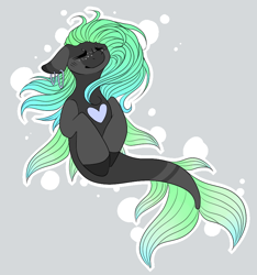 Size: 846x903 | Tagged: safe, artist:trigger-bolt, oc, oc only, merpony, seapony (g4), adoptable, bubble, dorsal fin, eyes closed, fish tail, flowing mane, flowing tail, freckles, gray background, green mane, heart, simple background, solo, tail