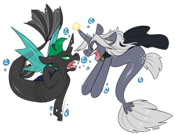 Size: 2139x1640 | Tagged: safe, artist:kipaki, oc, oc only, oc:shifting sands, oc:virmare, oc:virmir, changeling, hybrid, pony, seapony (g4), unicorn, angry, argument, bubble, cape, clothes, dorsal fin, fangs, fin wings, fish tail, flowing tail, glowing horn, green eyes, horn, looking at each other, magic, ocean, open mouth, orange eyes, seaponified, simple background, species swap, swimming, tail, teeth, transparent background, underwater, water, wings