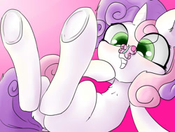 Size: 1600x1200 | Tagged: safe, artist:abracadabra, derpibooru exclusive, sweetie belle, butterfly, pony, unicorn, g4, butterfly on nose, grin, insect on nose, smiling, solo, underhoof