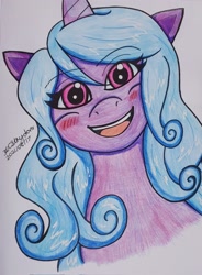Size: 1508x2048 | Tagged: safe, artist:cosmic_cutie_01, artist:cosmiccutie01, izzy moonbow, pony, unicorn, g5, blushing, female, solo, traditional art