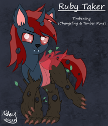 Size: 1817x2113 | Tagged: safe, artist:mihay, oc, oc only, oc:ruby taker, changeling, original species, timber pony, timber wolf, timberling, introduction, red changeling, unique species