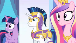 Size: 3410x1920 | Tagged: safe, screencap, princess cadance, shining armor, twilight sparkle, alicorn, pony, unicorn, g4, season 6, the times they are a changeling, crown, cute, cutedance, female, jewelry, male, mare, regalia, shining adorable, stallion, twiabetes, twilight sparkle (alicorn)