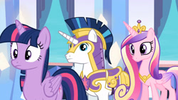 Size: 3410x1920 | Tagged: safe, screencap, princess cadance, shining armor, twilight sparkle, alicorn, pony, unicorn, g4, season 6, the times they are a changeling, crown, cute, cutedance, female, jewelry, male, mare, regalia, shining adorable, stallion, twiabetes, twilight sparkle (alicorn)