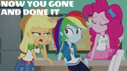 Size: 1280x720 | Tagged: safe, edit, edited screencap, editor:quoterific, screencap, applejack, pinkie pie, rainbow dash, equestria girls, equestria girls specials, g4, my little pony equestria girls: better together, my little pony equestria girls: forgotten friendship, applejack's hat, belt, clothes, cowboy hat, cutie mark, cutie mark on clothes, denim skirt, eyes closed, female, geode of sugar bombs, geode of super speed, geode of super strength, hat, hoodie, jewelry, magical geodes, necklace, open mouth, skirt, tank top, trio, trio female