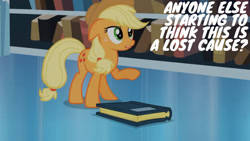 Size: 1280x720 | Tagged: safe, edit, edited screencap, editor:quoterific, screencap, applejack, earth pony, pony, g4, season 3, the crystal empire, applejack's hat, book, cowboy hat, female, floppy ears, hat, library, mare, open mouth, solo