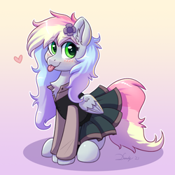 Size: 2480x2480 | Tagged: safe, artist:dandy, oc, oc only, oc:blazey sketch, pegasus, pony, :p, blushing, chest fluff, clothes, ear fluff, female, flower, flower in hair, gradient background, heart, high res, looking at you, multicolored hair, sitting, skirt, solo, tongue out, vest, wings