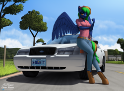 Size: 7706x5671 | Tagged: safe, artist:clear vision, oc, oc only, oc:twisted cyclone, pegasus, anthro, unguligrade anthro, breasts, car, clothes, commission, explicit source, female, ford, ford crown victoria, jeans, looking at you, mare, pants, pegasus oc, solo, vehicle, wings