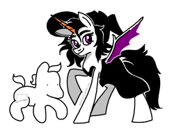 Size: 1316x1000 | Tagged: safe, artist:msponies, alicorn, bat pony, bat pony alicorn, bat pony unicorn, earth pony, hybrid, pony, unicorn, g4, bat wings, connecticut clark, duo, female, florkofcows, horn, male, malfina the demon witch, ponified, raised hoof, simple background, the 3rd happiest man in connecticut, wat, white background, wings, witch