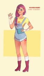Size: 1161x1971 | Tagged: safe, artist:ghinmainmos, sunny starscout, human, g5, boots, clothes, cutie mark on human, female, overalls, shoes, simple background, solo, text, twilight sparkle's cutie mark, yellow background