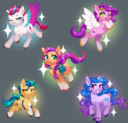 Size: 4640x4480 | Tagged: safe, artist:ohhoneybee, hitch trailblazer, izzy moonbow, pipp petals, sunny starscout, zipp storm, earth pony, pegasus, pony, unicorn, g5, adorapipp, adorazipp, backwards cutie mark, bag, black background, blushing, coat markings, colored hooves, colored wings, cute, facial markings, female, grin, male, mane five, mare, markings, one eye closed, open mouth, pale belly, pin, royal sisters (g5), siblings, simple background, sisters, smiling, socks (coat markings), stallion, star (coat marking), unshorn fetlocks, wings, wink