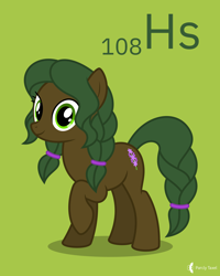 Size: 4000x5000 | Tagged: safe, artist:parclytaxel, oc, oc only, oc:hyacinth, earth pony, pony, series:joycall6's periodic table, .svg available, absurd resolution, braid, braided tail, chemistry, commission, female, green background, hassium, mare, periodic table, raised hoof, simple background, smiling, solo, vector