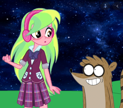 Size: 2344x2060 | Tagged: artist needed, safe, lemon zest, human, raccoon, equestria girls, g4, my little pony equestria girls: friendship games, blushing, crossover, crossover shipping, female, headphones, high res, looking at each other, male, regular show, rigby (regular show), rigzest, shipping