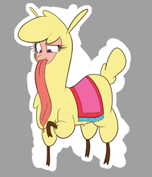 Size: 1860x2160 | Tagged: safe, artist:hitsuji, paprika (tfh), alpaca, them's fightin' herds, carpet, cloven hooves, community related, confused, impossibly long tongue, long tongue, looking down, raised hoof, solo, tongue out