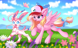 Size: 4888x3040 | Tagged: safe, artist:airiniblock, oc, oc only, oc:bay breeze, butterfly, pegasus, pony, sylveon, bow, chest fluff, duo, ear fluff, female, field, grass, hair bow, heart, heart eyes, high res, mare, outdoors, pegasus oc, pokémon, spread wings, tail, tail bow, wingding eyes, wings