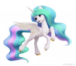 Size: 2000x1755 | Tagged: safe, artist:askometa, edit, princess celestia, alicorn, pony, g4, g5, my little pony: a new generation, 3d, cute, cutelestia, female, g4 to g5, generation leap, mare, open mouth, open smile, painting, signature, simple background, smiling, solo, spread wings, text, unshorn fetlocks, white background, wings