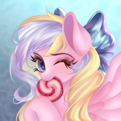 Size: 1800x1800 | Tagged: safe, artist:shimisen, oc, oc only, oc:bay breeze, pegasus, pony, bow, candy, cute, female, food, hair bow, heart eyes, lollipop, looking at you, mare, ocbetes, one eye closed, pegasus oc, simple background, wingding eyes, wings, wink, winking at you