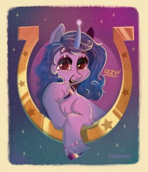 Size: 3000x3474 | Tagged: safe, artist:harellysad, izzy moonbow, pony, unicorn, g5, cute, female, high res, horseshoes, izzybetes, mare, open mouth, solo, unshorn fetlocks