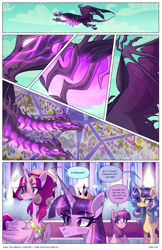 Size: 2301x3549 | Tagged: safe, artist:darlyjay, princess cadance, twilight sparkle, oc, oc:starfall sparkle, oc:sterling sentry, alicorn, dragon, hydra, pegasus, pony, unicorn, wyvern, comic:save the harmony, g4, crown, female, high res, jewelry, mare, multiple heads, offspring, parent:flash sentry, parent:twilight sparkle, parents:flashlight, regalia, sisters-in-law, twilight sparkle (alicorn)