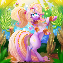 Size: 1280x1280 | Tagged: safe, artist:spazzyhippie, oc, oc only, genie, pony, unicorn, banana, bracelet, circlet, female, food, herbivore, jewelry, mare, necklace, pigtails, rearing, smiling, solo, twintails