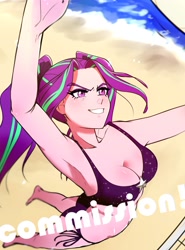 Size: 2277x3083 | Tagged: safe, artist:amazingpuffhair, aria blaze, equestria girls, g4, armpits, ass, barefoot, beach, bikini, breasts, butt, cleavage, clothes, commission, disguise, disguised siren, feet, high res, legs, obtrusive watermark, ocean, pigtails, sand, sleeveless, solo, sports, swimsuit, text, twintails, volleyball, watermark
