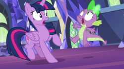 Size: 1280x720 | Tagged: safe, screencap, spike, twilight sparkle, alicorn, dragon, pony, g4, season 7, triple threat, cutie map, female, male, mare, open mouth, twilight sparkle (alicorn), twilight's castle