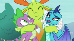 Size: 1280x720 | Tagged: safe, screencap, princess ember, spike, thorax, changedling, changeling, dragon, g4, season 7, triple threat, ^^, cute, dragon horns, dragoness, emberbetes, eyes closed, female, horns, hug, king thorax, male, open mouth, smiling, spikabetes, thorabetes, unamused, wingless spike