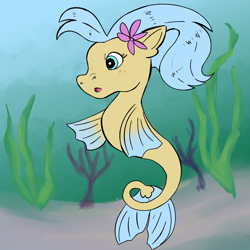 Size: 1300x1300 | Tagged: safe, artist:apatheticxaddict, princess skystar, sea pony, g1, g4, my little pony: the movie, female, flower, flower in hair, freckles, g4 to g1, generation leap, mare, solo, style emulation, underwater