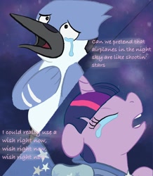 Size: 1732x1990 | Tagged: safe, artist:amynewblue, twilight sparkle, bird, blue jay, pony, unicorn, g4, aeroplanes and meteor showers, airplanes (song), clothes, crossover, crossover shipping, crying, dress, female, gala dress, male, mare, meme, mordecai, mordetwi, redraw mordetwi meme, regular show, shipping, straight, text, unicorn twilight