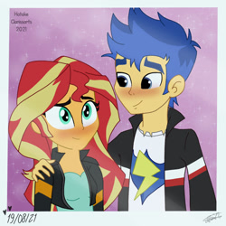 Size: 1000x1000 | Tagged: safe, artist:hatakeclarissa, flash sentry, sunset shimmer, equestria girls, g4, blushing, female, male, ship:flashimmer, shipping, straight