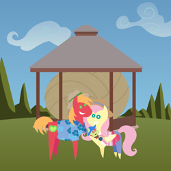 Size: 2160x2160 | Tagged: safe, anonymous artist, big macintosh, fluttershy, oc, oc:late riser, earth pony, pegasus, pony, series:fm family vacation, series:fm holidays, g4, baby, baby pony, ball, clothes, colt, family, fanny pack, female, hat, hawaiian shirt, high res, holding a pony, jeans, looking at you, male, mare, offspring, pants, parent:big macintosh, parent:fluttershy, parents:fluttermac, pointy ponies, ship:fluttermac, shipping, shirt, sight seeing, smiling, stallion, straight, striped shirt, sun hat, twine