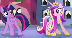 Size: 1218x659 | Tagged: safe, screencap, princess cadance, twilight sparkle, alicorn, pony, g4, season 6, the times they are a changeling, crown, cute, cutedance, duo, duo female, female, jewelry, mare, regalia, sisters-in-law, sunshine sunshine, twiabetes, twilight sparkle (alicorn)