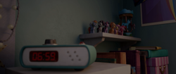 Size: 2048x858 | Tagged: safe, screencap, applejack, fluttershy, pinkie pie, rainbow dash, rarity, twilight sparkle, alicorn, earth pony, pegasus, pony, unicorn, g5, my little pony: a new generation, 3d, alarm clock, applejack's hat, clock, cowboy hat, female, hat, mane six, mare, toy, twilight sparkle (alicorn)